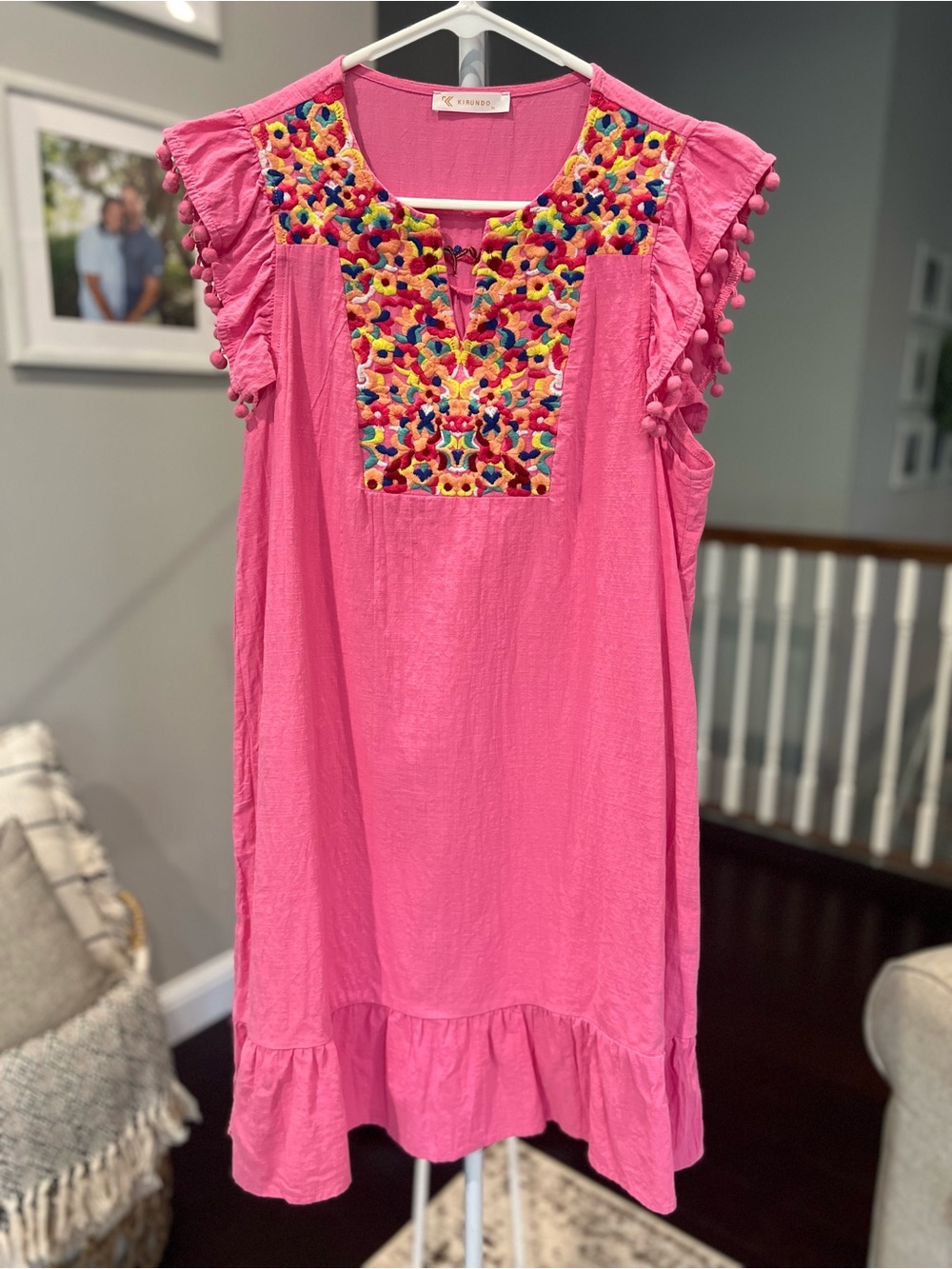 Bright Pink Embroidered Pom-Pom Midi Dress - Medium